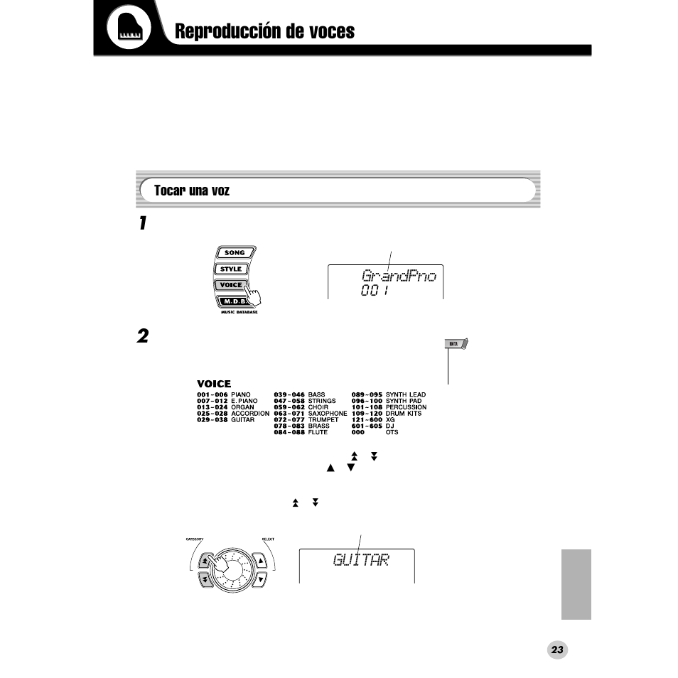Reproducción de voces, Tocar una voz, Grandpno | Guitar | Yamaha PORTABLE GRAND DGX-200 User Manual | Page 23 / 100