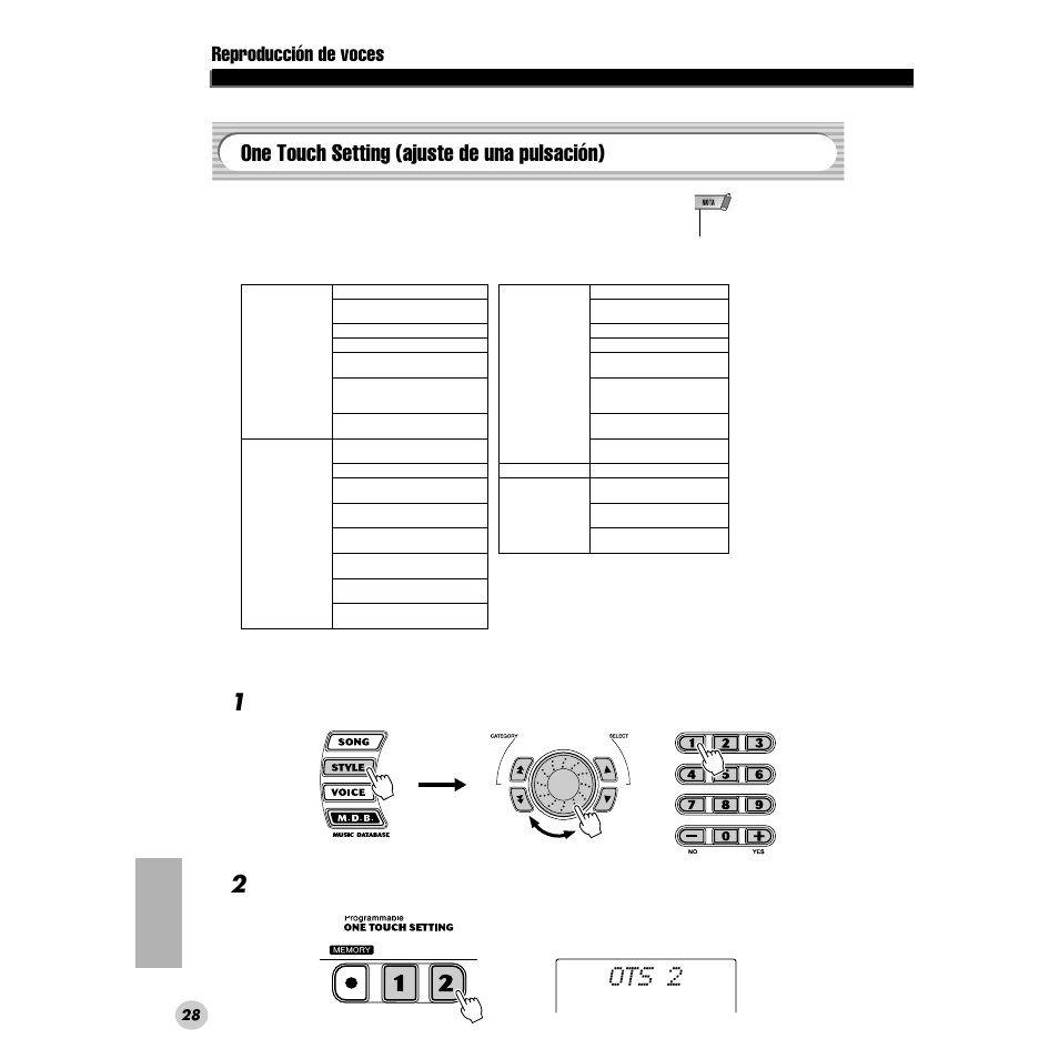 One touch setting (ajuste de una pulsación), Ots 2, Reproducción de voces | Yamaha PORTABLE GRAND DGX-200 User Manual | Page 28 / 100