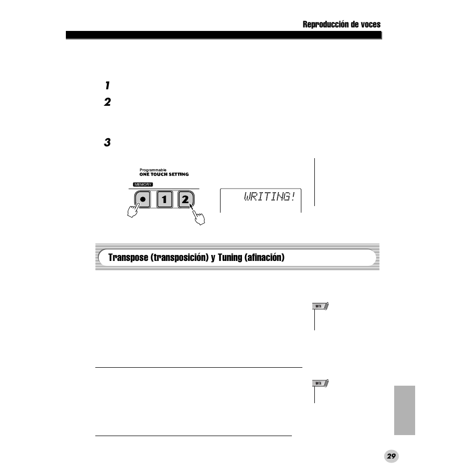 Transpose (transposición) y tuning (afinación), Writing, Reproducción de voces | Yamaha PORTABLE GRAND DGX-200 User Manual | Page 29 / 100