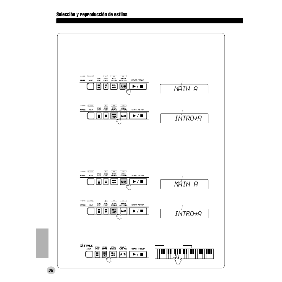 Ginas 38, 39), Main a, Intro≥a | Selección y reproducción de estilos | Yamaha PORTABLE GRAND DGX-200 User Manual | Page 38 / 100