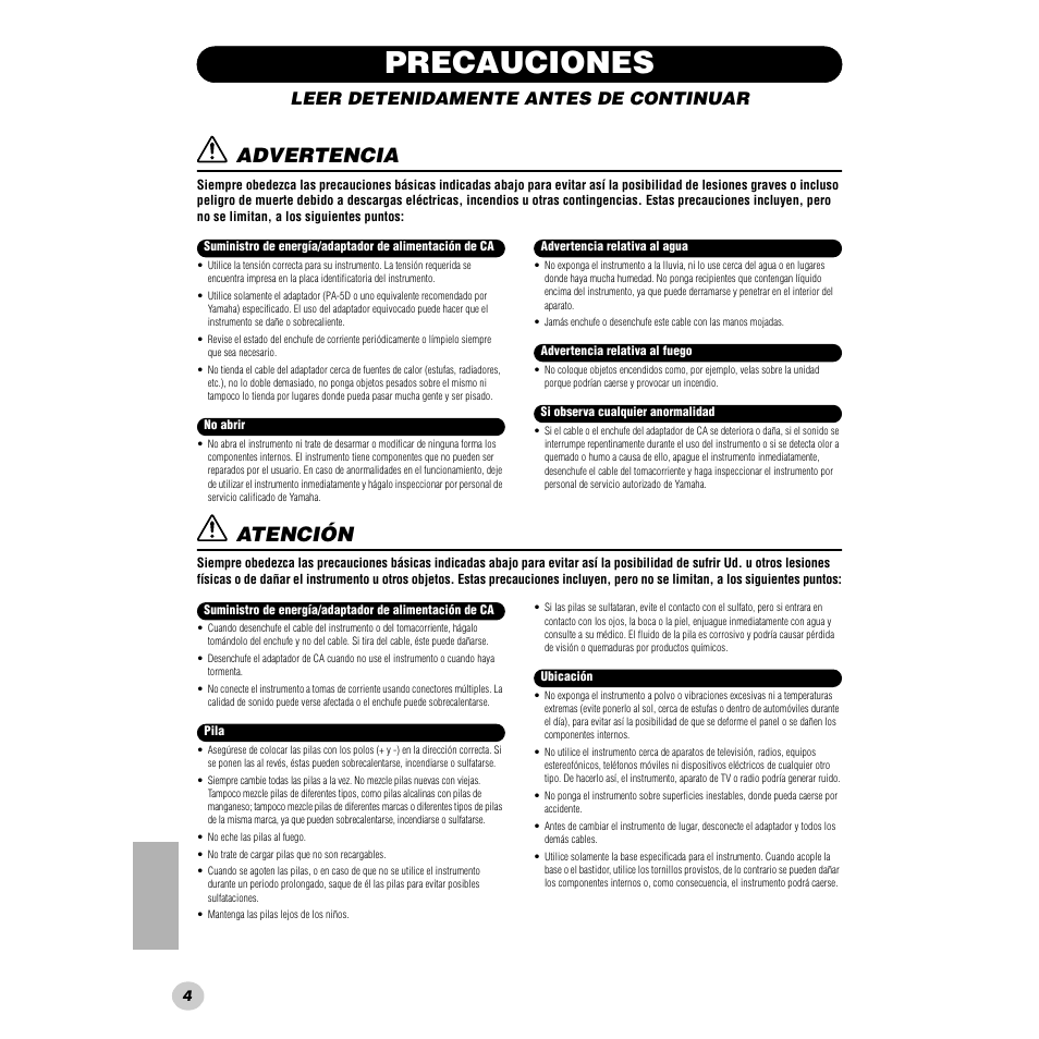 Precauciones, Advertencia, Atención | Leer detenidamente antes de continuar | Yamaha PORTABLE GRAND DGX-200 User Manual | Page 4 / 100