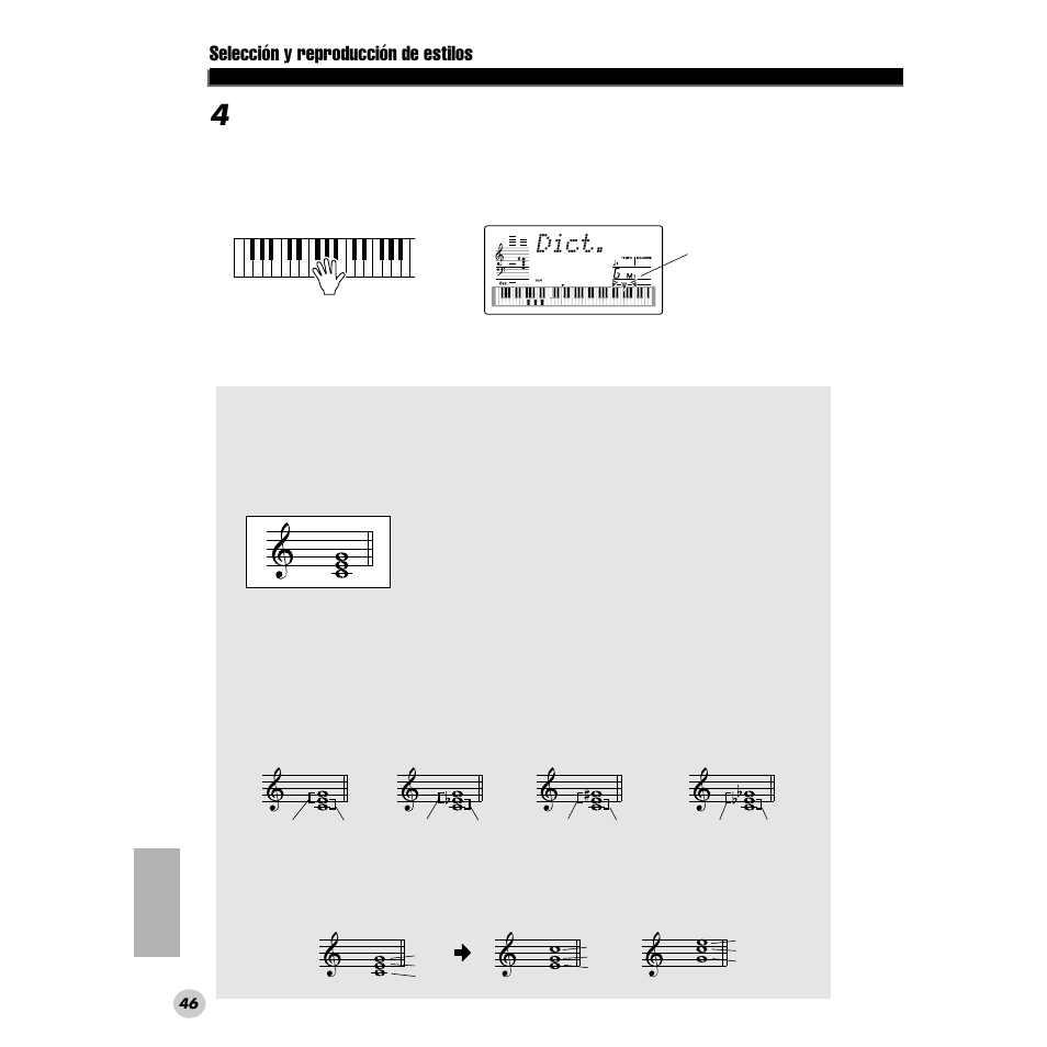Dict, Selección y reproducción de estilos | Yamaha PORTABLE GRAND DGX-200 User Manual | Page 46 / 100