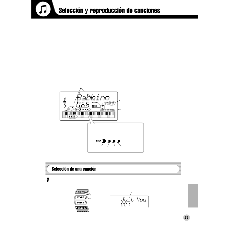 Selección y reproducción de canciones, Selección de una canción, Babbino | Just you | Yamaha PORTABLE GRAND DGX-200 User Manual | Page 51 / 100