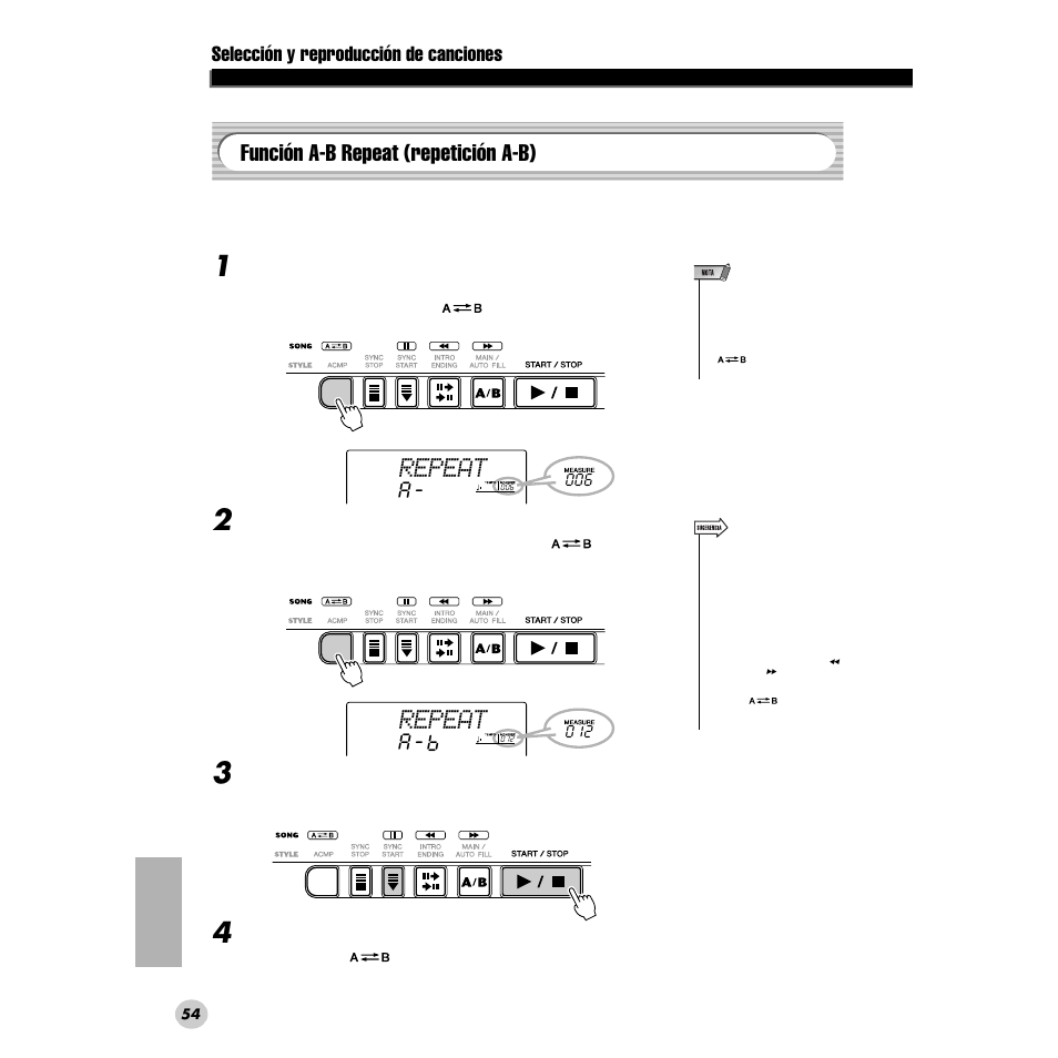 Función a-b repeat (repetición a-b), Repeat, Selección y reproducción de canciones | Yamaha PORTABLE GRAND DGX-200 User Manual | Page 54 / 100