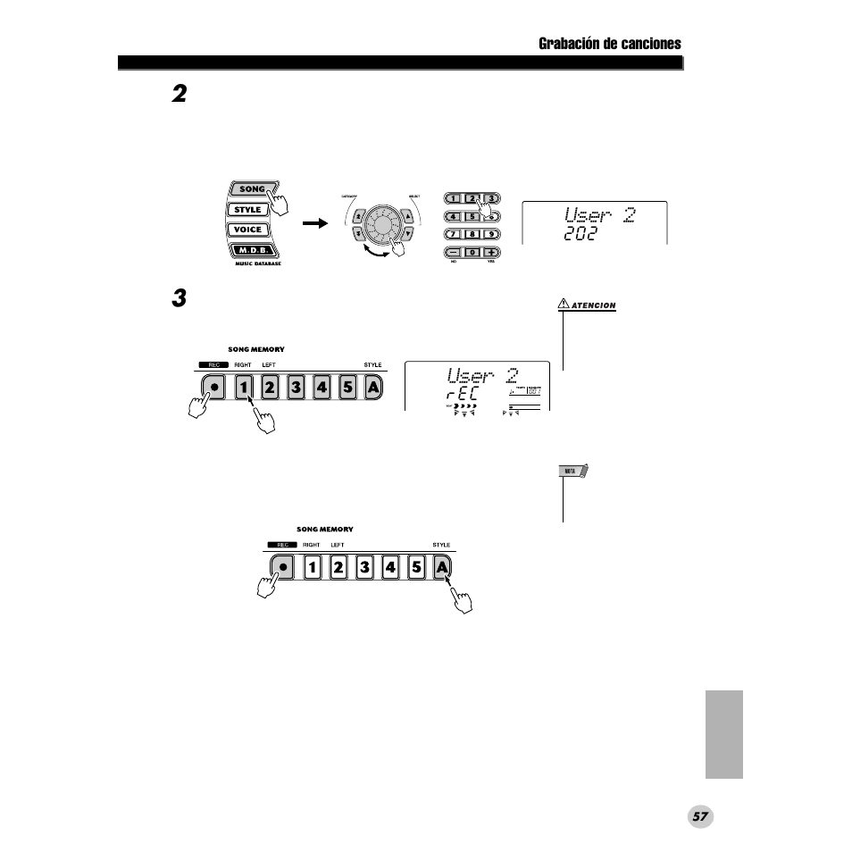 User 2, Grabación de canciones | Yamaha PORTABLE GRAND DGX-200 User Manual | Page 57 / 100