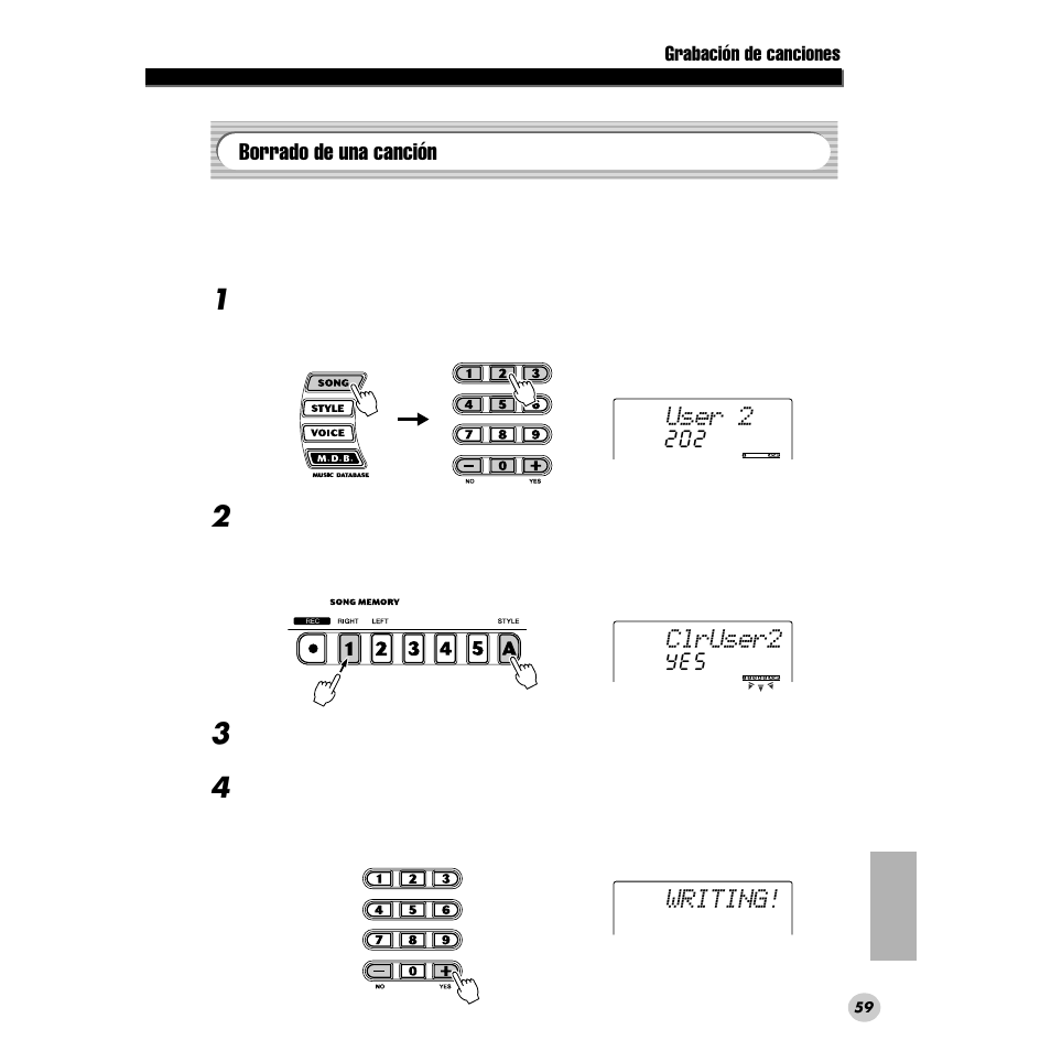 Borrado de una canción, User 2, Clruser2 writing | Yamaha PORTABLE GRAND DGX-200 User Manual | Page 59 / 100