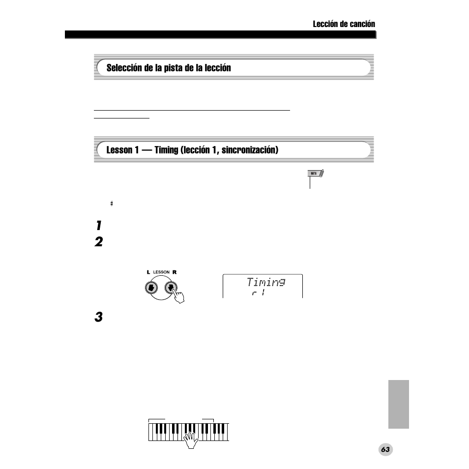 Selección de la pista de la lección, Lesson 1 — timing (lección 1, sincronización), Timing | Lección de canción | Yamaha PORTABLE GRAND DGX-200 User Manual | Page 63 / 100