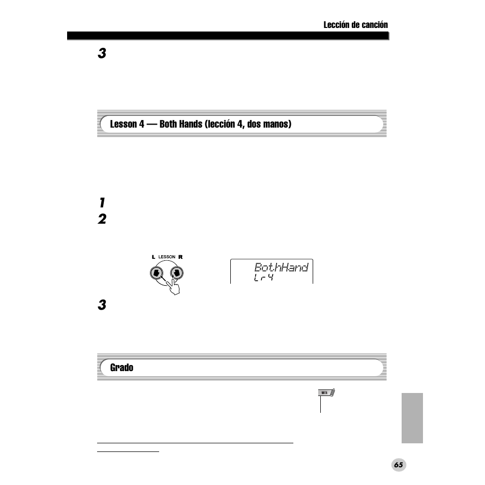 Lesson 4 — both hands (lección 4, dos manos), Grado, Bothhand | Yamaha PORTABLE GRAND DGX-200 User Manual | Page 65 / 100