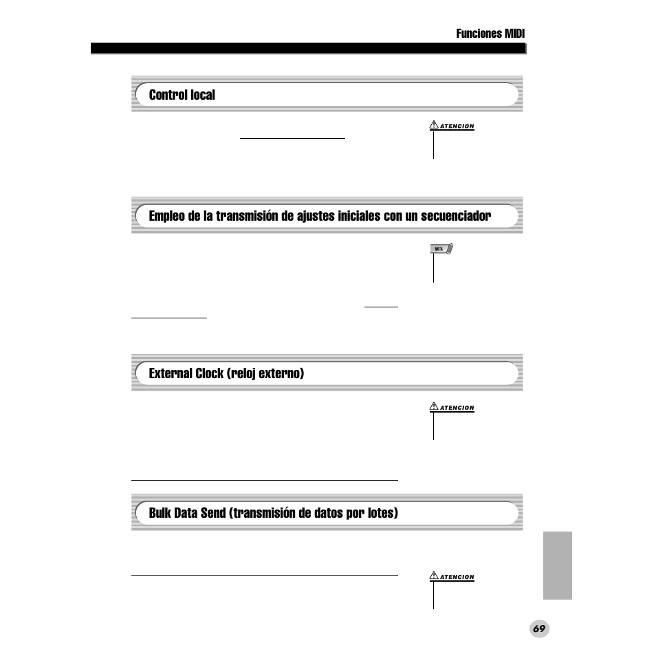 Control local, External clock (reloj externo), Bulk data send (transmisión de datos por lotes) | Con un secuenciador, Funciones midi | Yamaha PORTABLE GRAND DGX-200 User Manual | Page 69 / 100