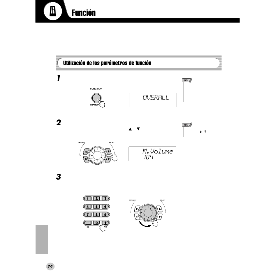 Función, Utilización de los parámetros de función, Overall | M.volume | Yamaha PORTABLE GRAND DGX-200 User Manual | Page 74 / 100