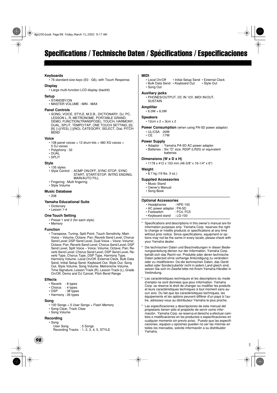 Yamaha PORTABLE GRAND DGX-200 User Manual | Page 98 / 100