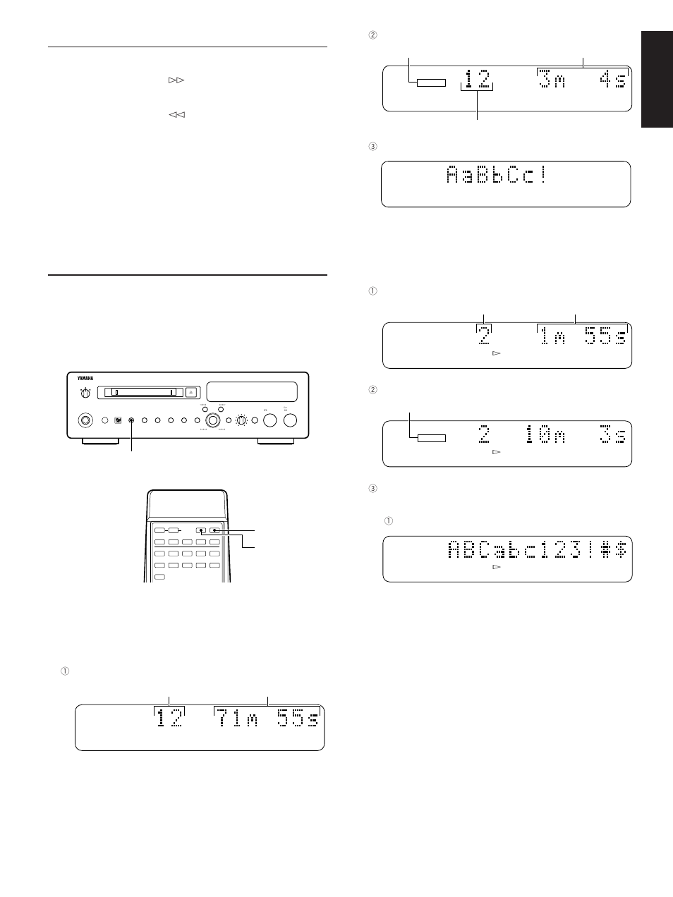 Searching, Switching the display, English | 1number of tracks and total playing time, Scroll display, Display, Total tracks total playing time remain indicator, Time remaining on the md total tracks, Remain indicator, Track number elapsed time | Yamaha MDX-9 User Manual | Page 9 / 28