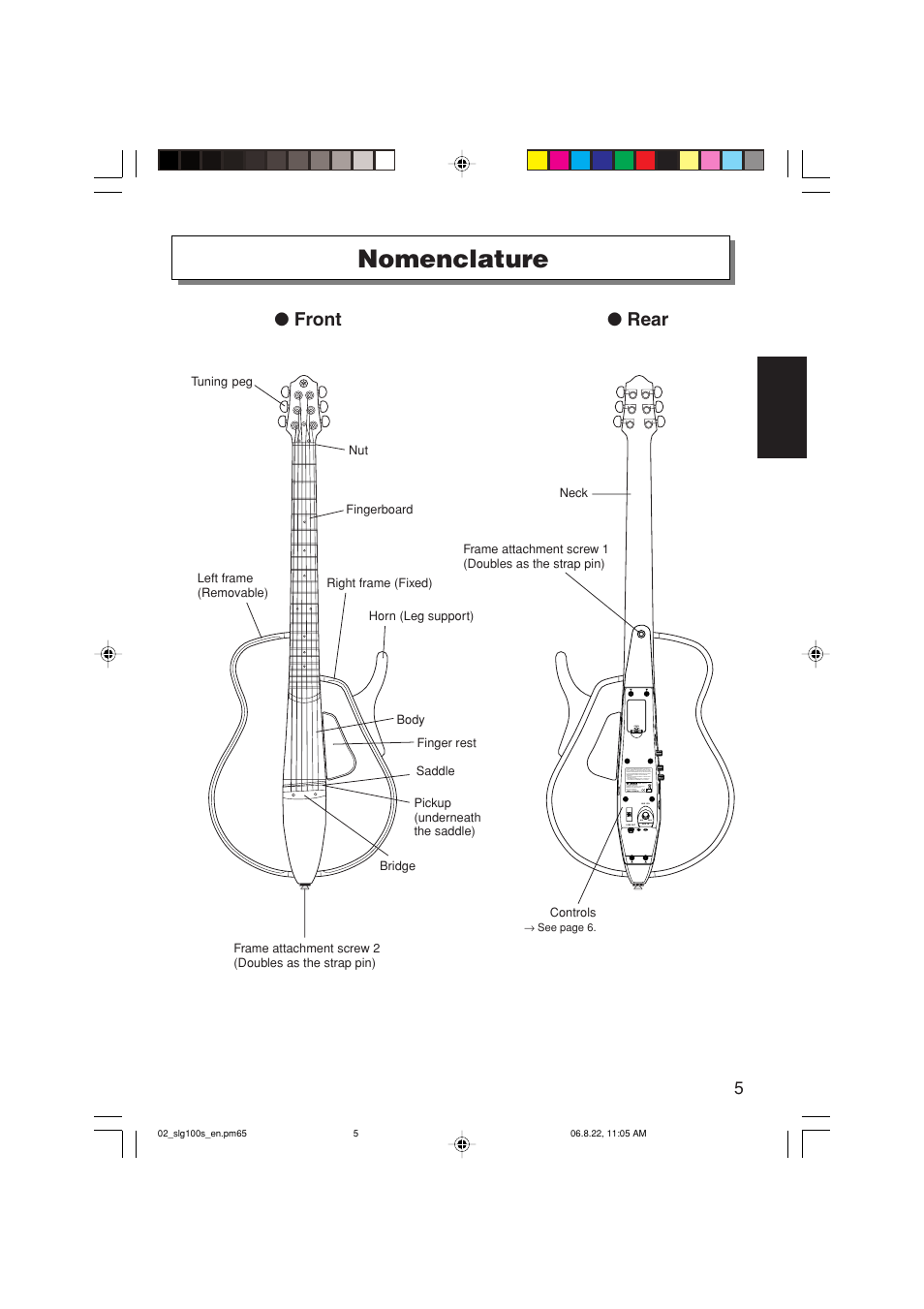 Nomenclature, Front ● rear | Yamaha SLG-100S User Manual | Page 5 / 15