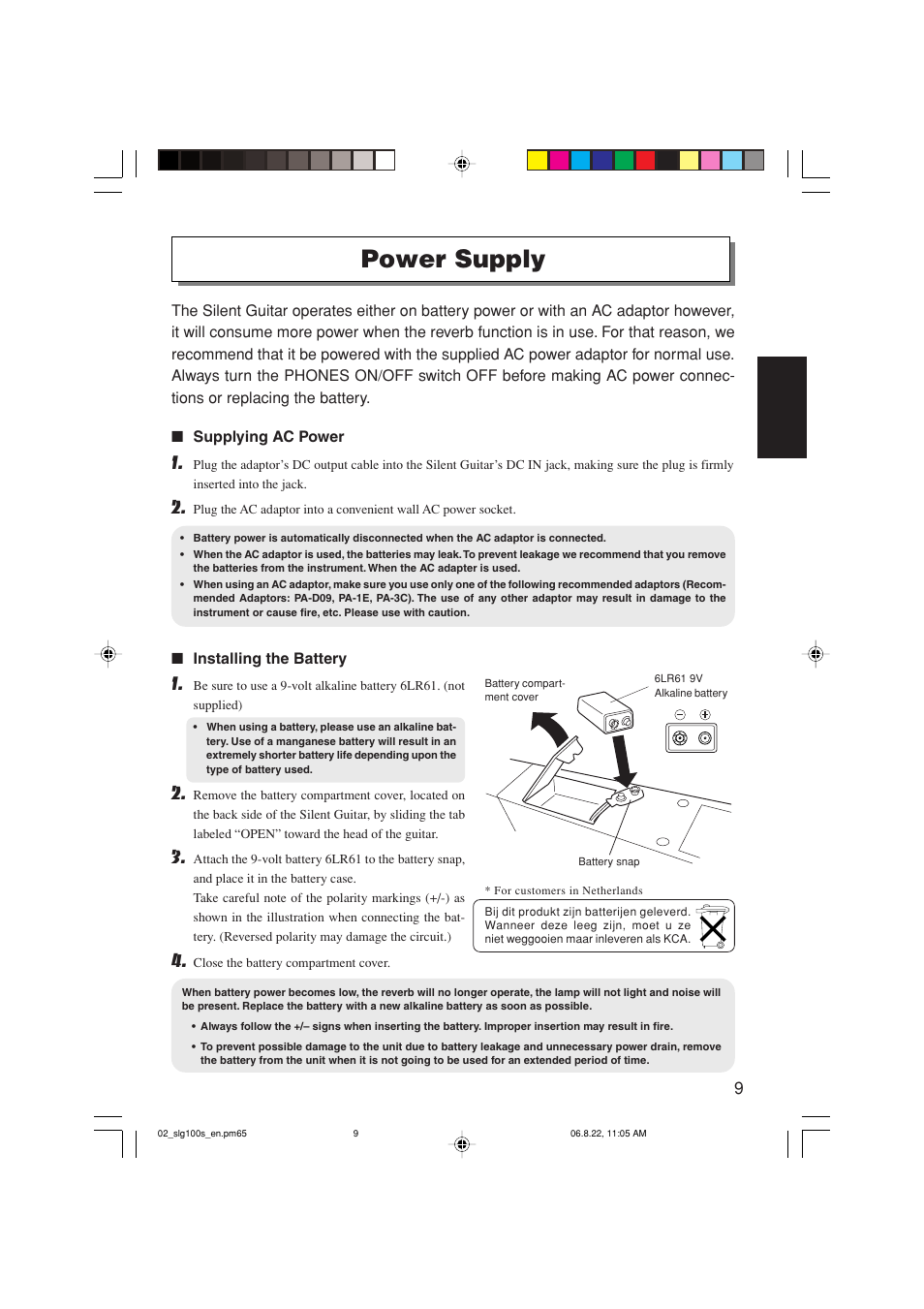 Power supply | Yamaha SLG-100S User Manual | Page 9 / 15