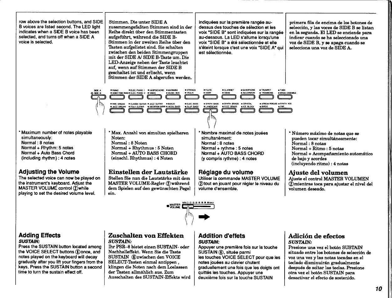 Adjusting the volume, Einstellen der lautstärke, Réglage du volume | Ajuste del volumen, Adding effects, Zuschalten von effekten, Addition d'effets, Adición de efectos, Einstellen der lautstärke zuschalten von effekten, Ajuste del volumen adición de efectos | Yamaha Portatone PSR-8 User Manual | Page 11 / 28