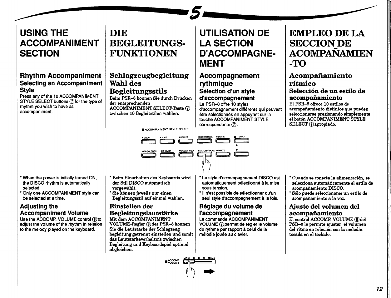 3 (c=ij, Selección de un estilo de acompañamiento, Einstellen der begleitungslautstärke | Ajuste del volumen del acompañamiento, Die begleitungs­ funktionen, Empleo de la seccion de acompañamien -to, Schlagzeugbegleitung wahl des begleitungsstils, Acompañamiento rítmico | Yamaha Portatone PSR-8 User Manual | Page 13 / 28