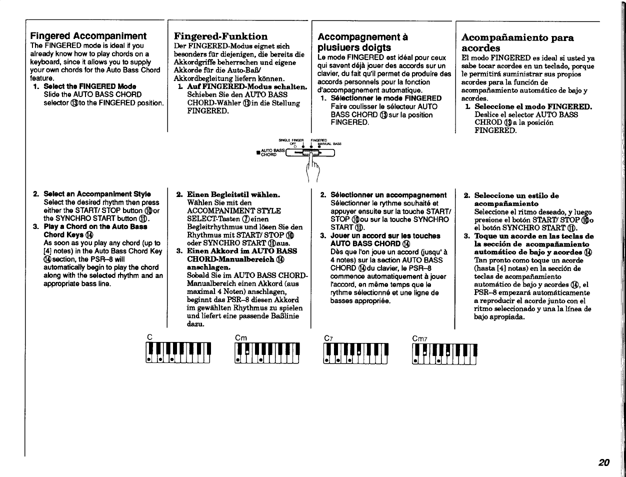 Fingered accompaniment, Fingered-funktion, Accompagnement à piusiuers doigts | Acompañamiento para acordes, Acompañamiento rítmico | Yamaha Portatone PSR-8 User Manual | Page 21 / 28