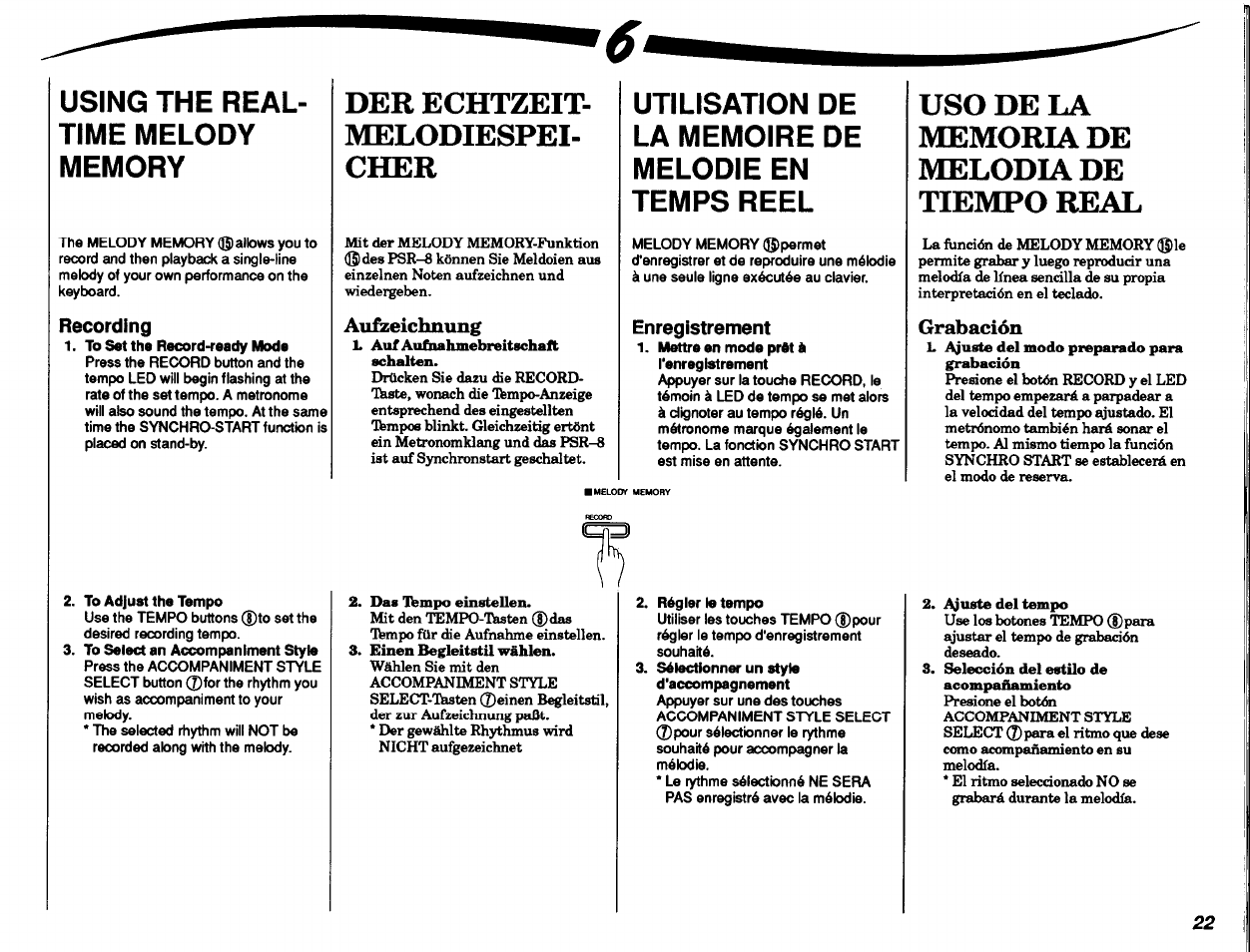 Recording, To set the record-ready mode, To adjust the tempo | Au&eichnung, Enregistrement, Mettre en mode prôt à renregistrement, Régler le tempo, Sélectionner un style d'accompagnement, Grabación, Aufzeichnung | Yamaha Portatone PSR-8 User Manual | Page 23 / 28