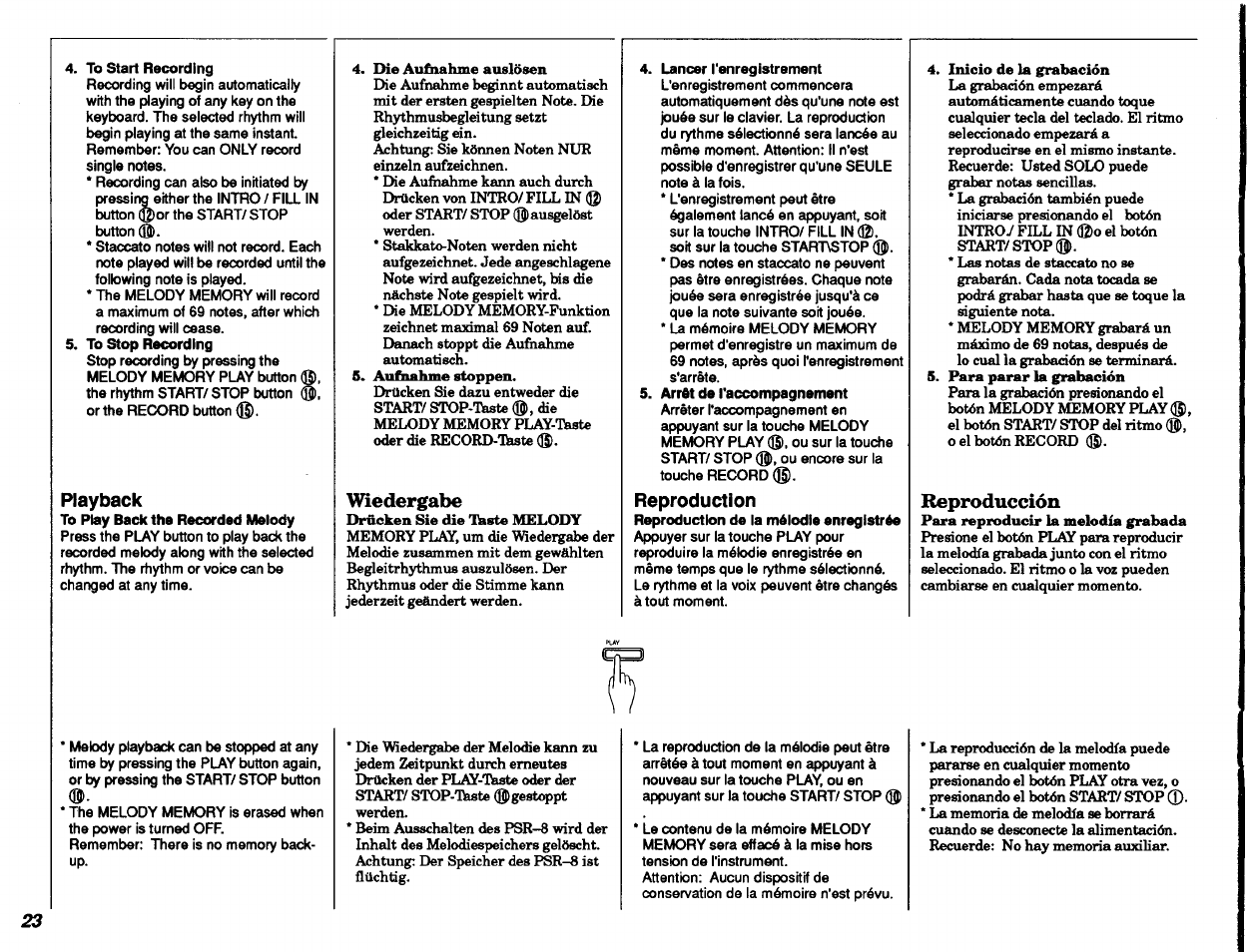 To start recording, To stop recording, Playback | To play back the recorded melody, Vnedergabe, Lancer l'enregistrement, Arrêt de l'accompagnement, Reproduction, Reproduction de la mélodie enregistrée, Reproducción | Yamaha Portatone PSR-8 User Manual | Page 24 / 28