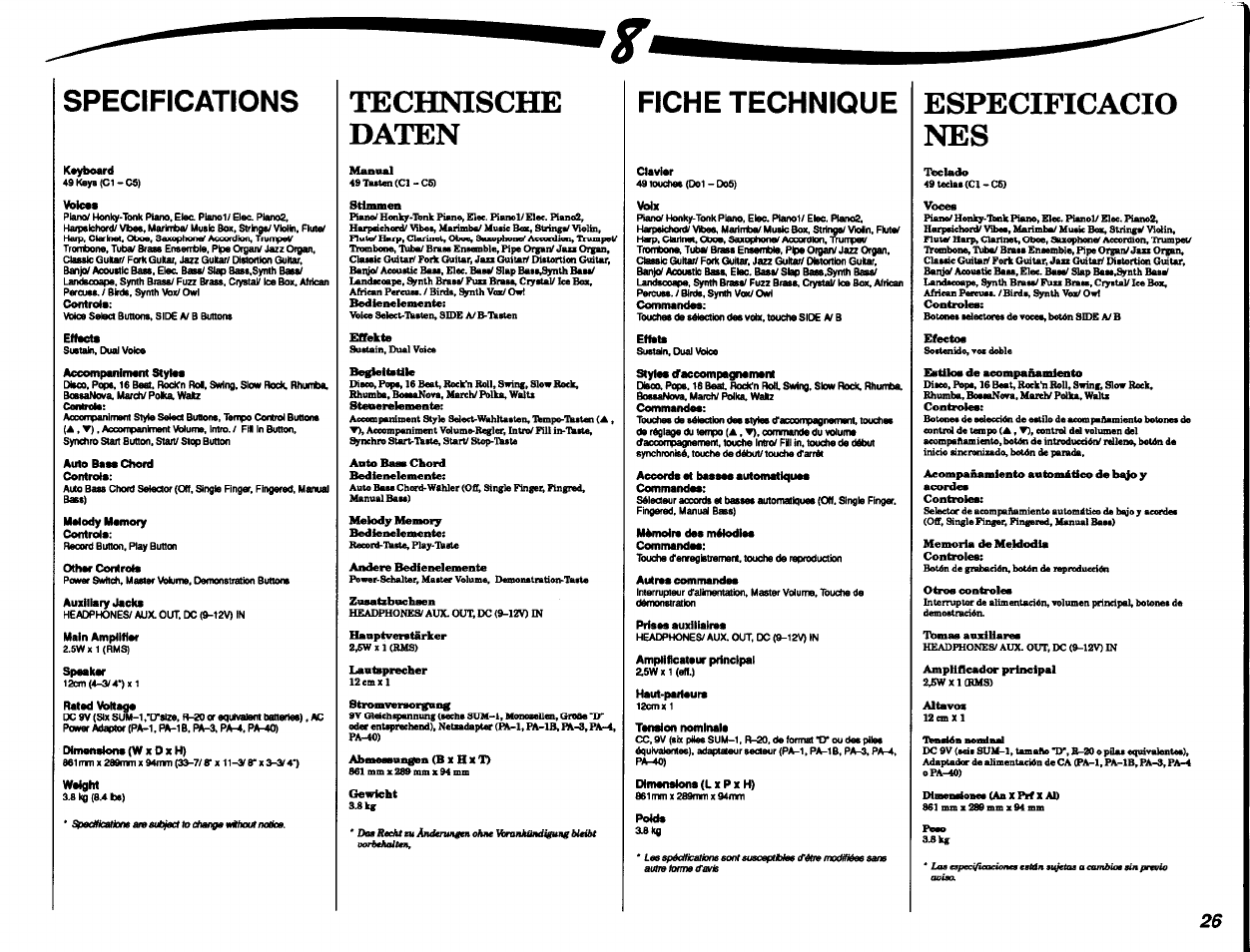 Especificacio, Technische daten, Especificacio nes | Specifications, Fiche technique | Yamaha Portatone PSR-8 User Manual | Page 27 / 28