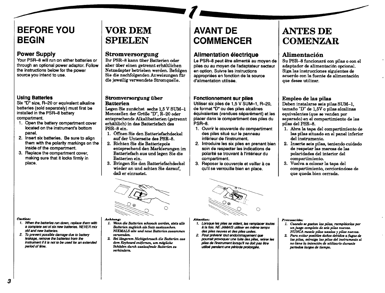 Before you begin, Using batteries, Vor dem spielen | Stromversorgung, Stromversorgung über batterien, Avant de commencer, Fonctionnement sur plies, Afítesde, Comenzar, Alimentación | Yamaha Portatone PSR-8 User Manual | Page 4 / 28