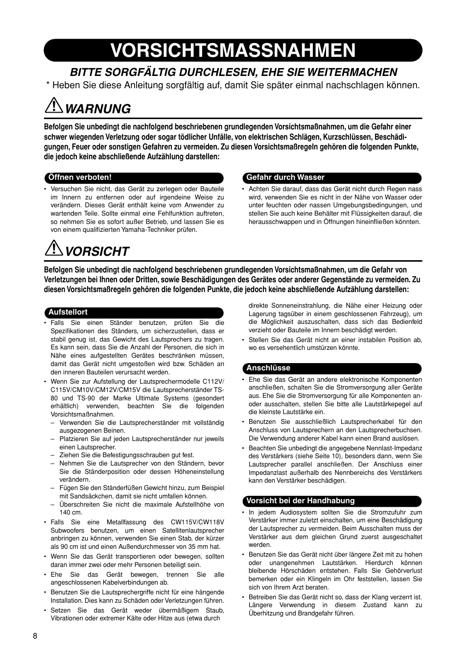 Deutsch, Vorsichtsmassnahmen, Warnung | Vorsicht, Bitte sorgfältig durchlesen, ehe sie weitermachen | Yamaha C112V User Manual | Page 2 / 11