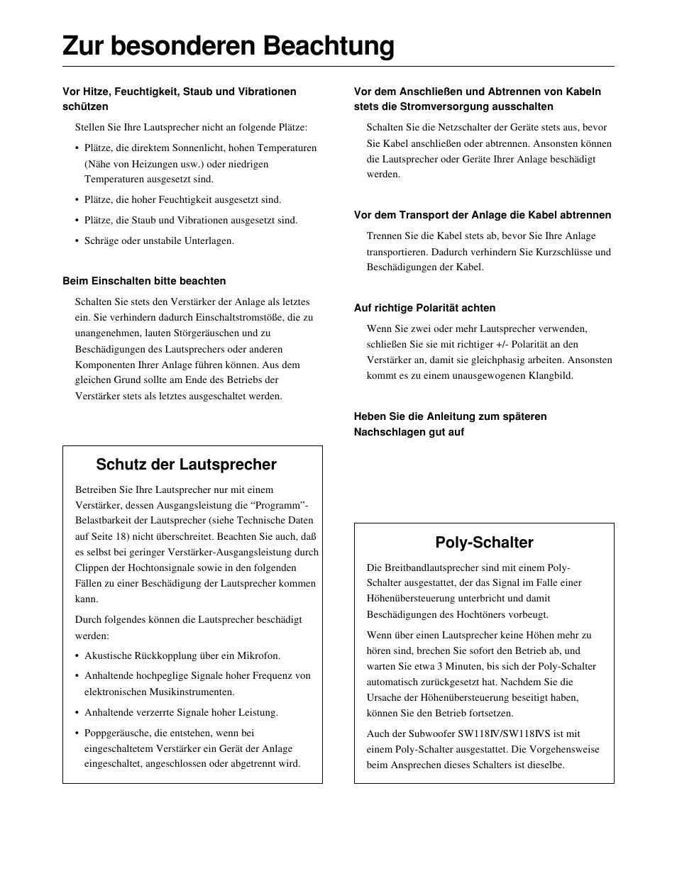 Zur besonderen beachtung, Schutz der lautsprecher, Poly-schalter | Yamaha S115IVA-OAK User Manual | Page 14 / 36