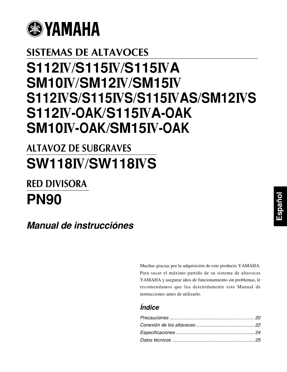 Español, Índice, S112 | S115, Asm10, Sm12, Sm15, S / s115, As / sm12, Ss112 | Yamaha S115IVA-OAK User Manual | Page 19 / 36