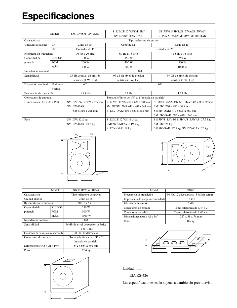 Especificaciones | Yamaha S115IVA-OAK User Manual | Page 24 / 36