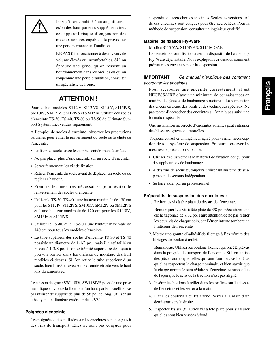 Français, Attention | Yamaha S115IVA-OAK User Manual | Page 9 / 36