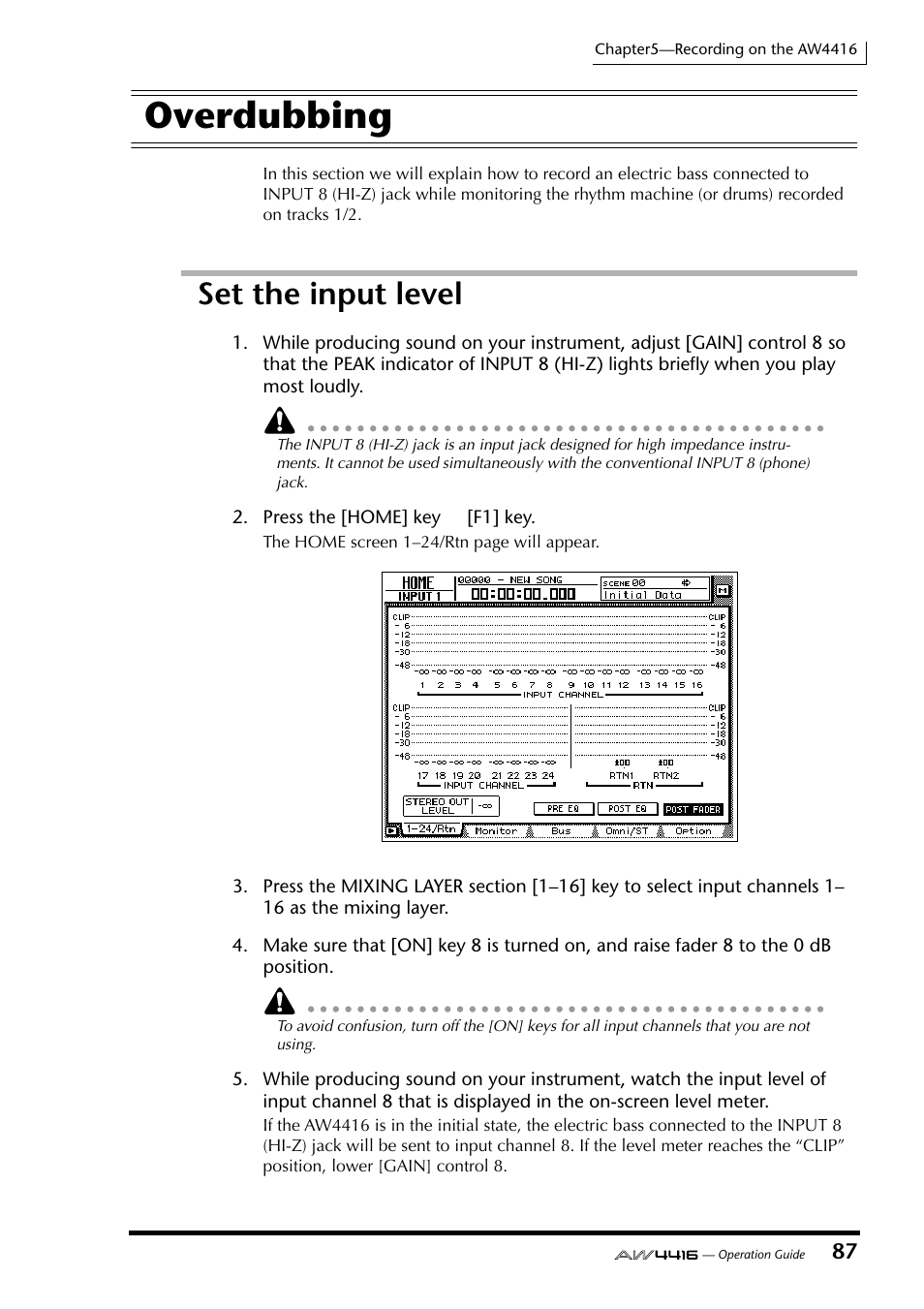 Overdubbing, Set the input level | Yamaha AW4416 User Manual | Page 100 / 280