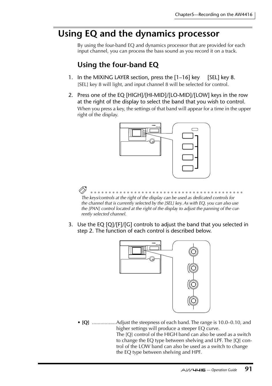 Using eq and the dynamics processor, Using the four-band eq | Yamaha AW4416 User Manual | Page 104 / 280