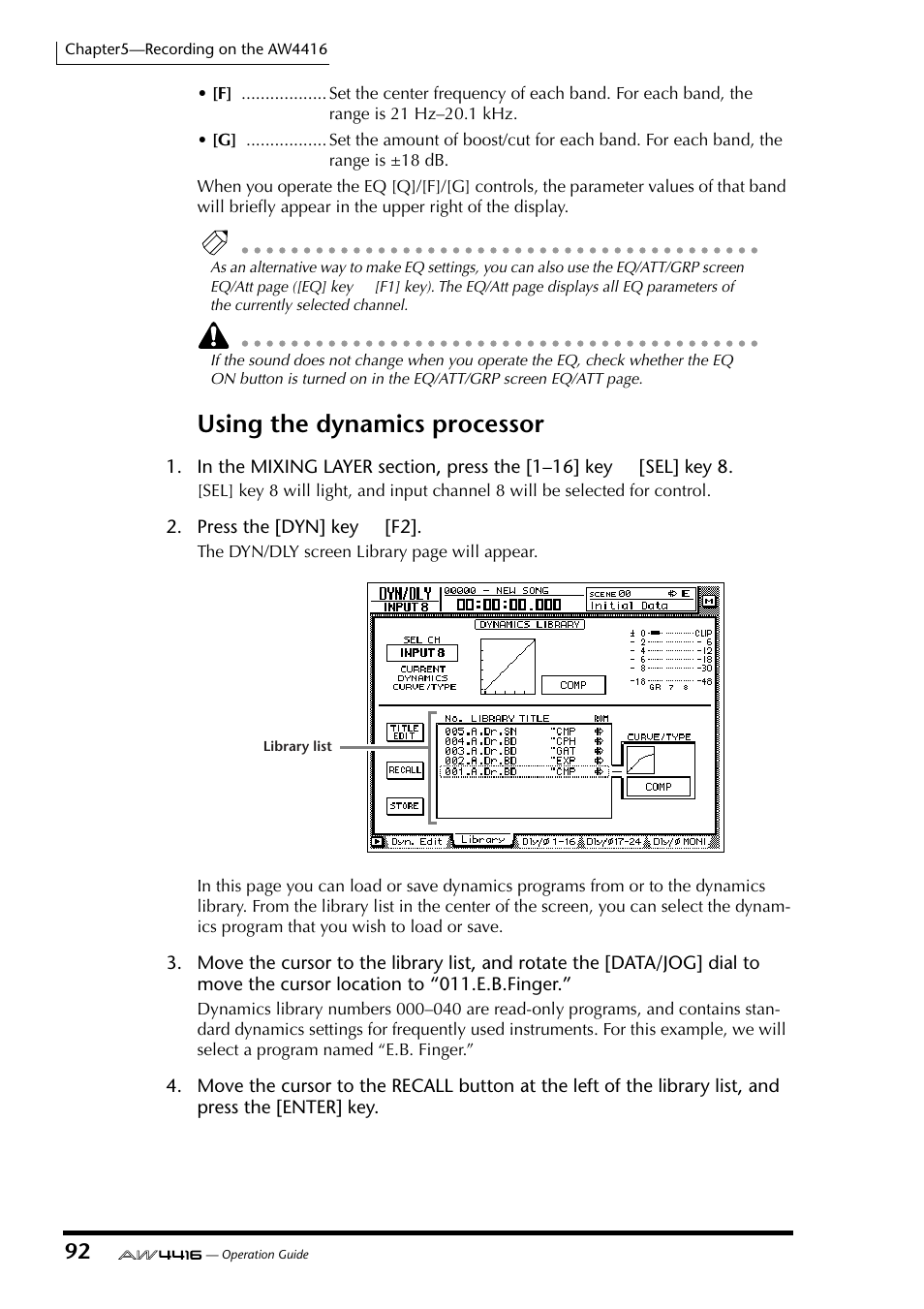 Using the dynamics processor | Yamaha AW4416 User Manual | Page 105 / 280