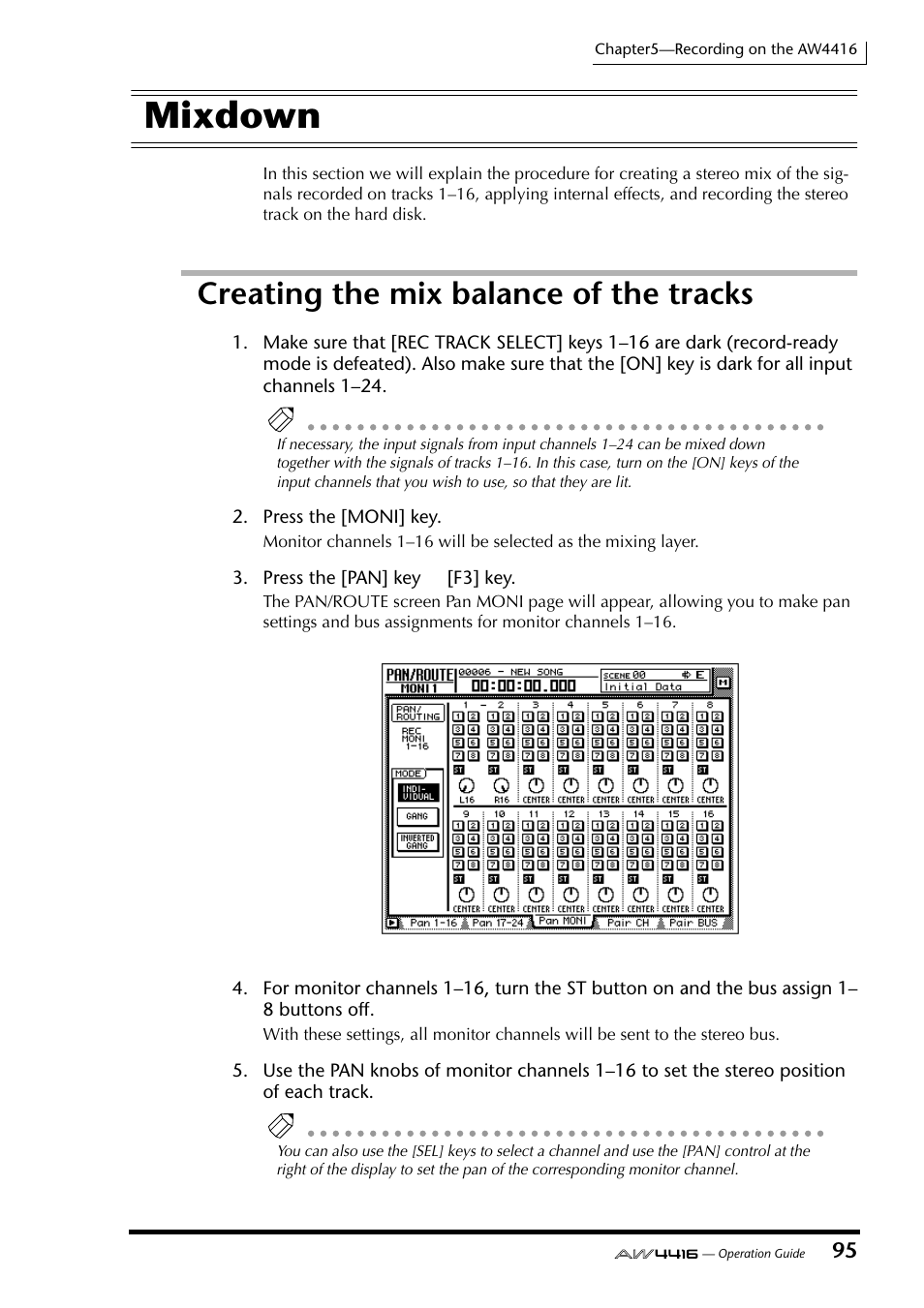 Mixdown, Creating the mix balance of the tracks | Yamaha AW4416 User Manual | Page 108 / 280