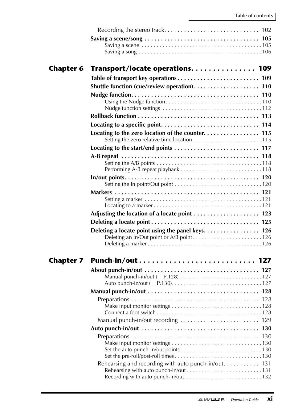 Chapter 6 transport/locate operations, Chapter 7 punch-in/out | Yamaha AW4416 User Manual | Page 11 / 280