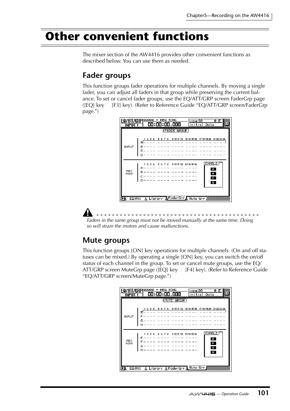 Other convenient functions, Fader groups mute groups, Fader groups | Mute groups | Yamaha AW4416 User Manual | Page 114 / 280