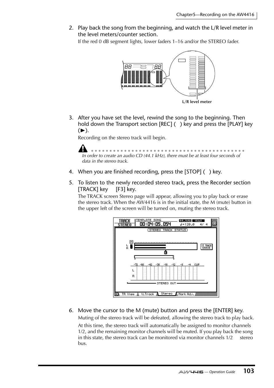 Recording on the stereo track will begin, L/r level meter, Operation guide | Yamaha AW4416 User Manual | Page 116 / 280