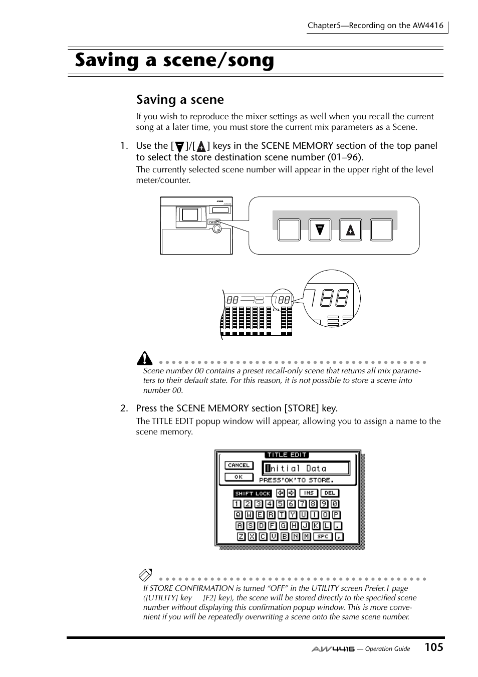 Saving a scene/song, Saving a scene | Yamaha AW4416 User Manual | Page 118 / 280