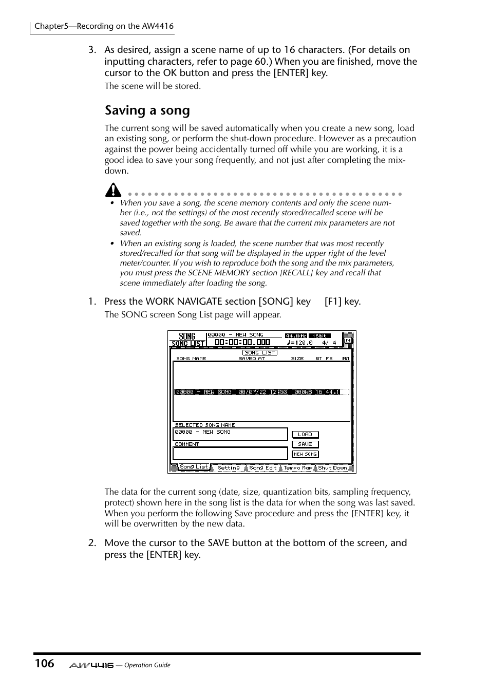 Saving a song | Yamaha AW4416 User Manual | Page 119 / 280