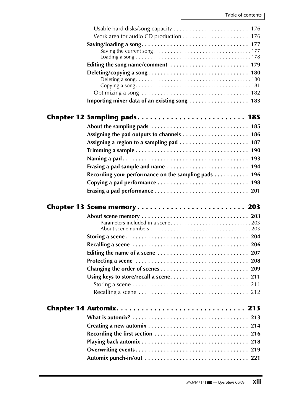 Xiii, Chapter 12 sampling pads, Chapter 14 automix | Yamaha AW4416 User Manual | Page 13 / 280