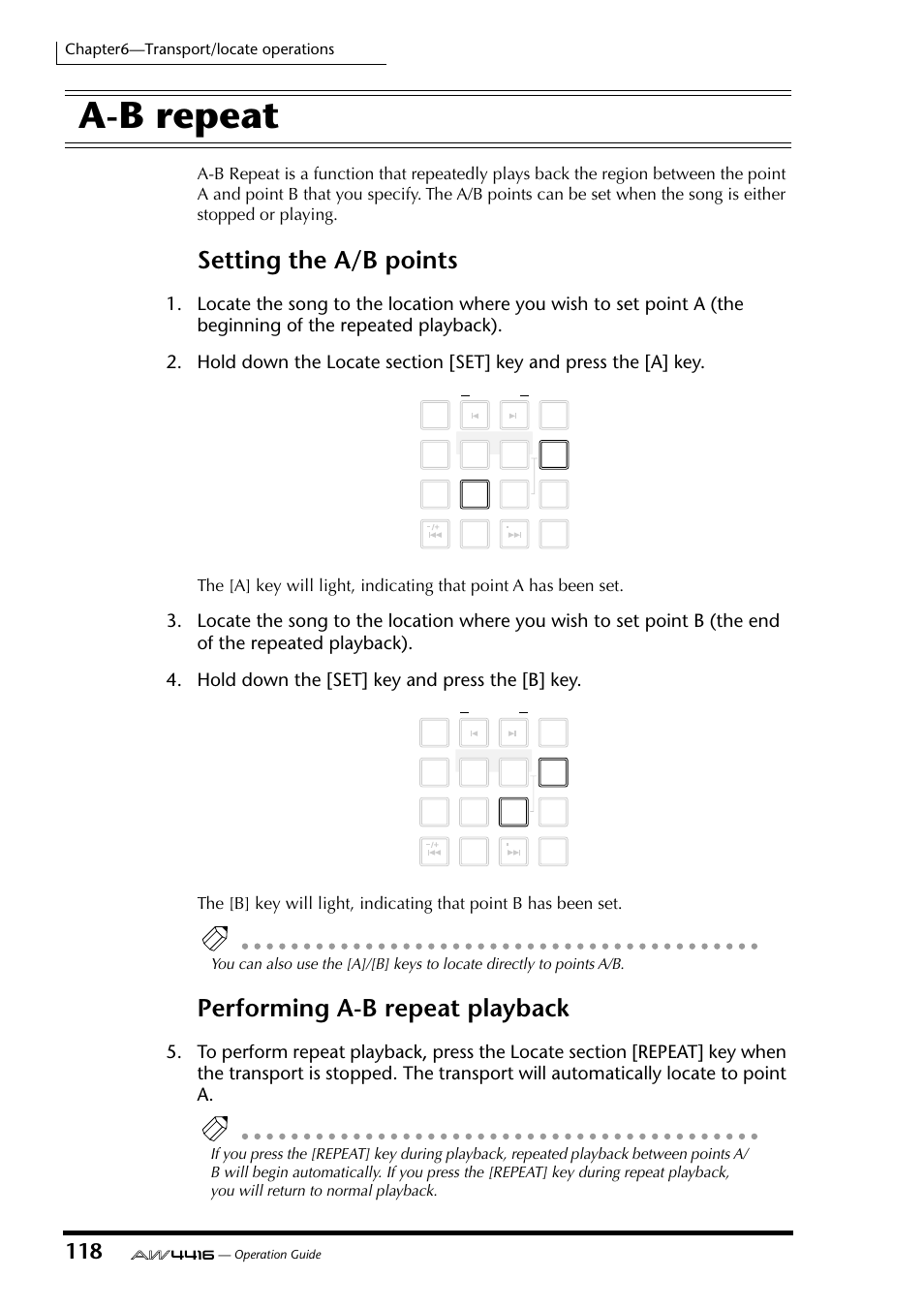 A-b repeat, Setting the a/b points, Performing a-b repeat playback | Chapter6—transport/locate operations | Yamaha AW4416 User Manual | Page 130 / 280