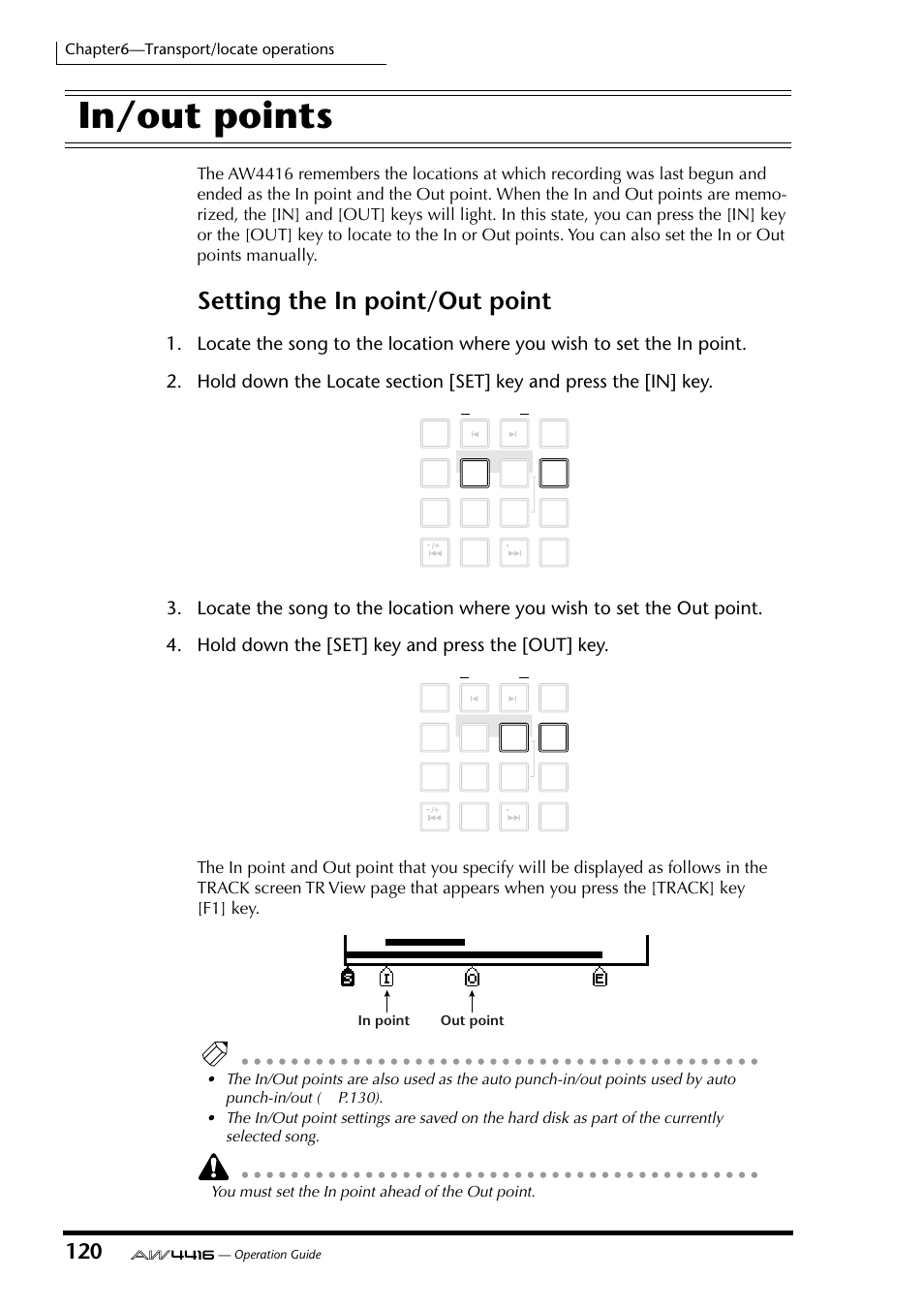 In/out points, Setting the in point/out point, Chapter6—transport/locate operations | Yamaha AW4416 User Manual | Page 132 / 280