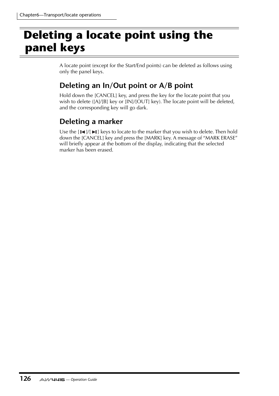 Deleting a locate point using the panel keys, Deleting an in/out point or a/b point, Deleting a marker | Yamaha AW4416 User Manual | Page 138 / 280