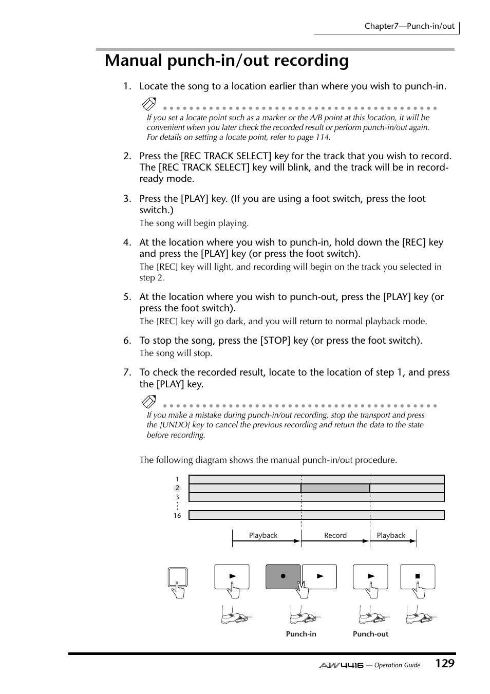 Manual punch-in/out recording | Yamaha AW4416 User Manual | Page 141 / 280