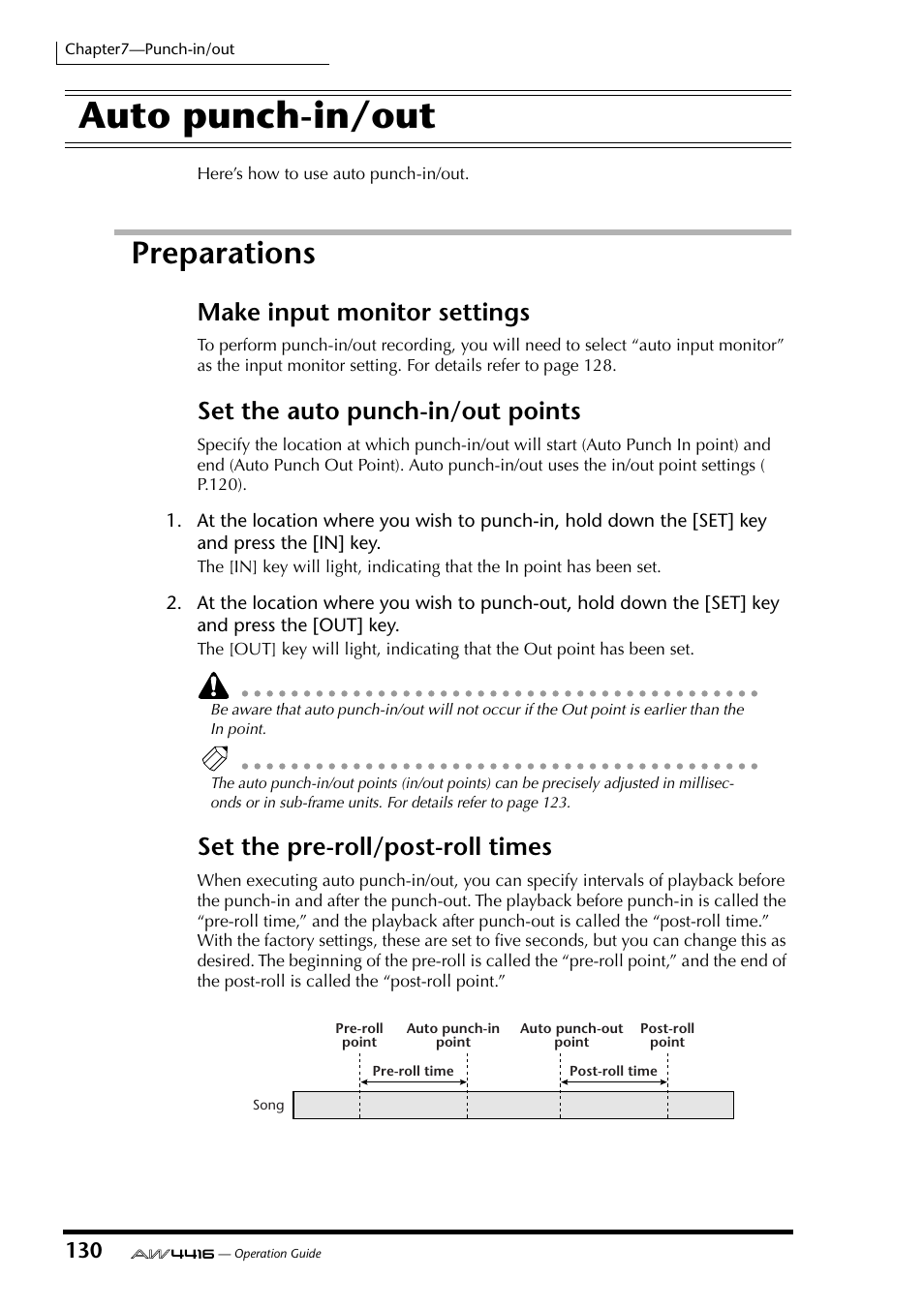 Auto punch-in/out, Preparations, Make input monitor settings | Set the auto punch-in/out points, Set the pre-roll/post-roll times | Yamaha AW4416 User Manual | Page 142 / 280