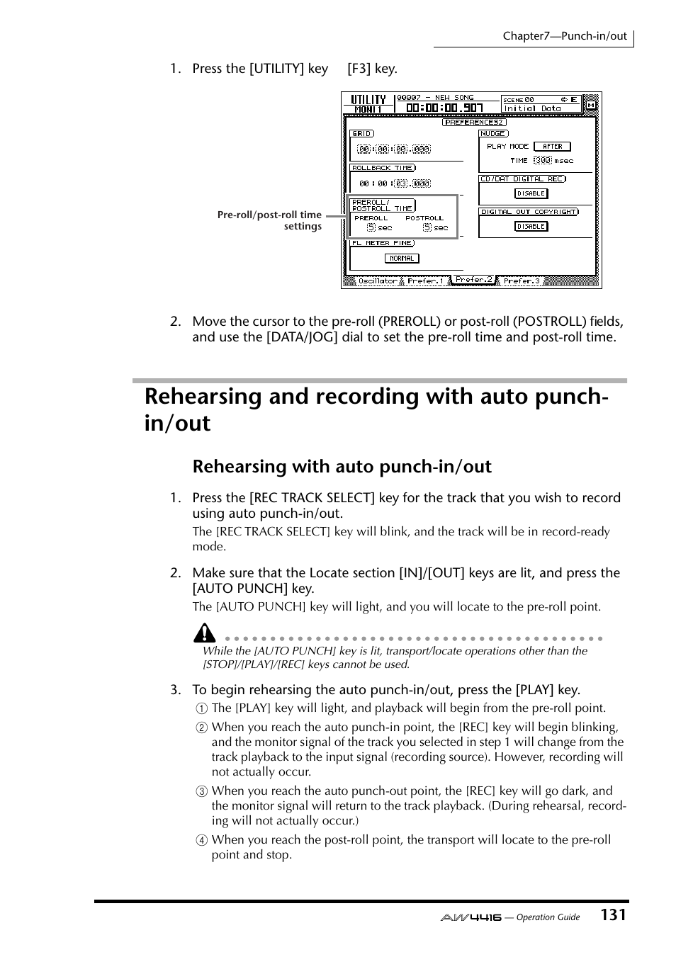 Rehearsing and recording with auto punch- in/out, Rehearsing and recording with auto punch-in/out, Rehearsing with auto punch-in/out | Yamaha AW4416 User Manual | Page 143 / 280