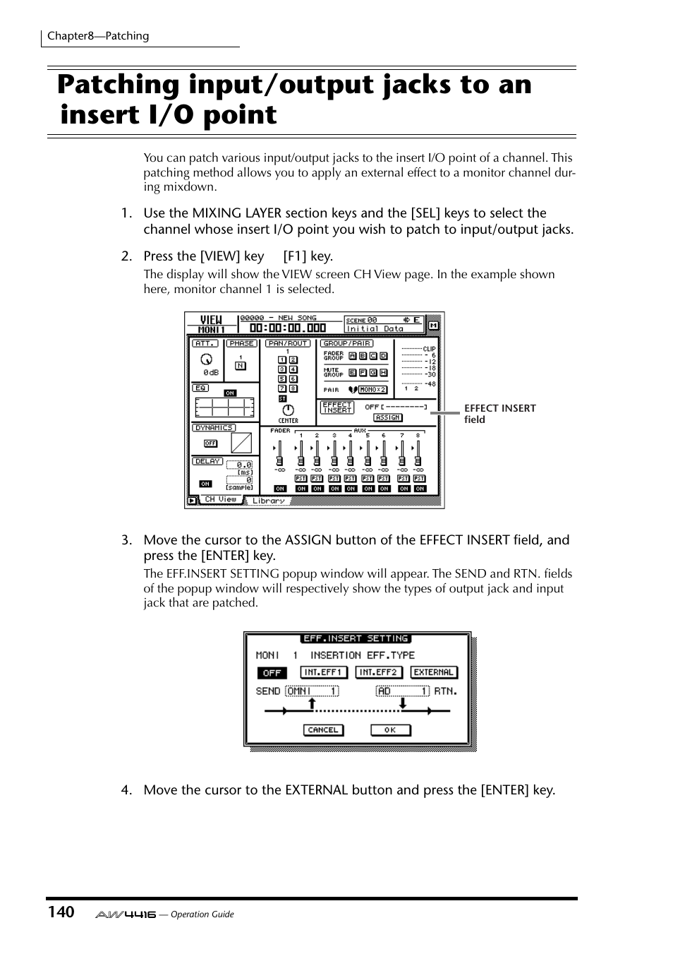 Patching input/output jacks to an insert i/o point | Yamaha AW4416 User Manual | Page 152 / 280