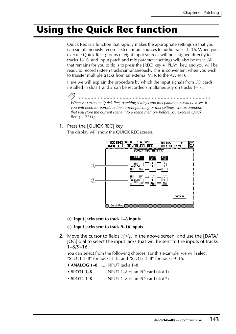 Using the quick rec function | Yamaha AW4416 User Manual | Page 155 / 280