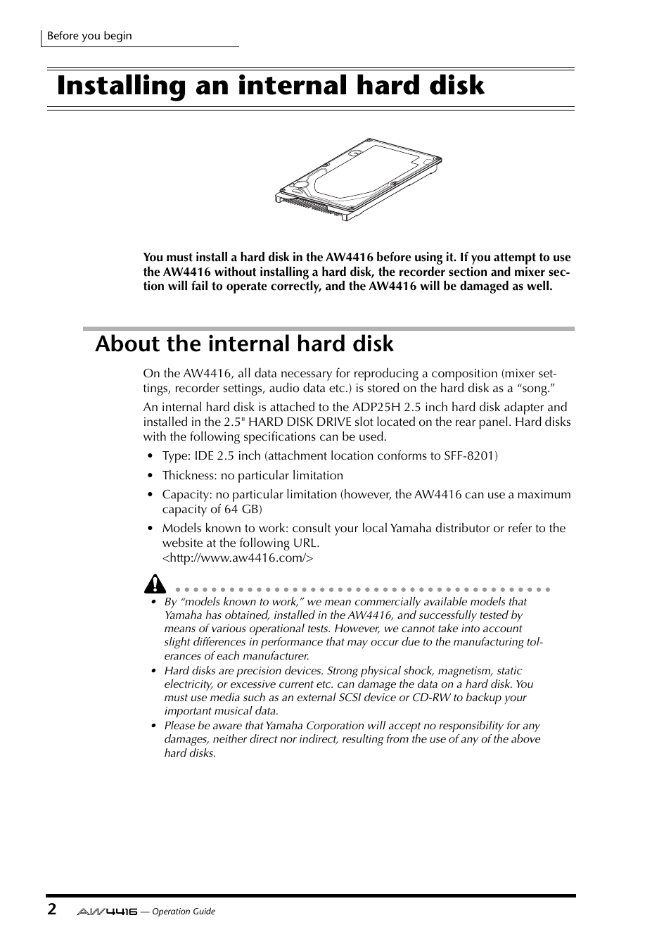Installing an internal hard disk, About the internal hard disk | Yamaha AW4416 User Manual | Page 16 / 280