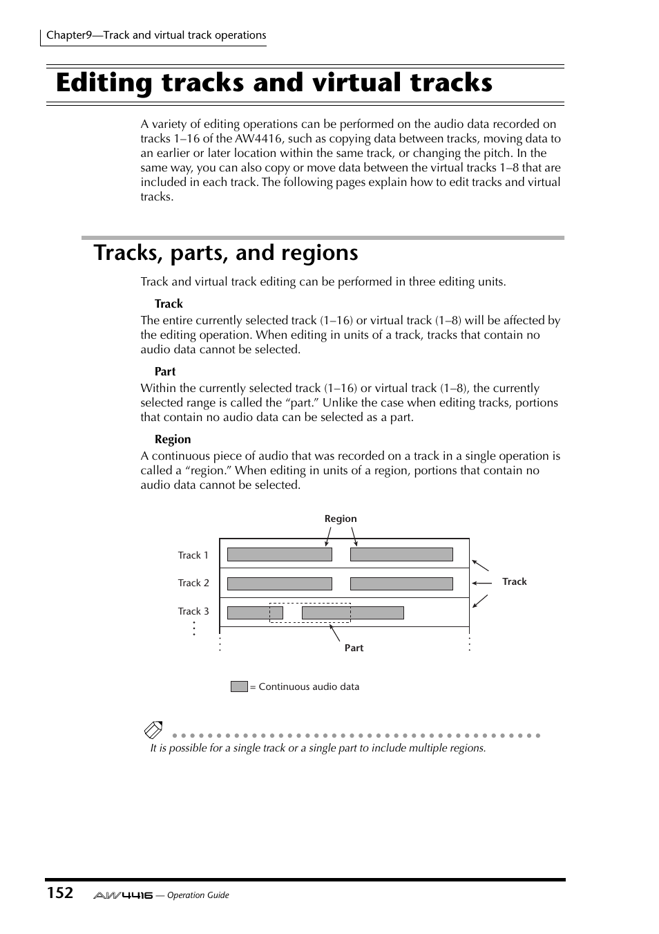 Editing tracks and virtual tracks, Tracks, parts, and regions | Yamaha AW4416 User Manual | Page 163 / 280